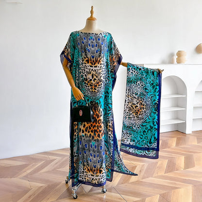 New African Fashion Short Sleeve Colored Pattern Dubai Women Summer Real Silk Soft Printing Loose Tradition Muslim Scraf