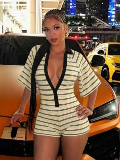 Ribbed Colorful Stripes Skinny Playsuits Women Fashion Casual Buttons V-neck Lapel Collar Short Sleeve Slim Streetwear Rompers