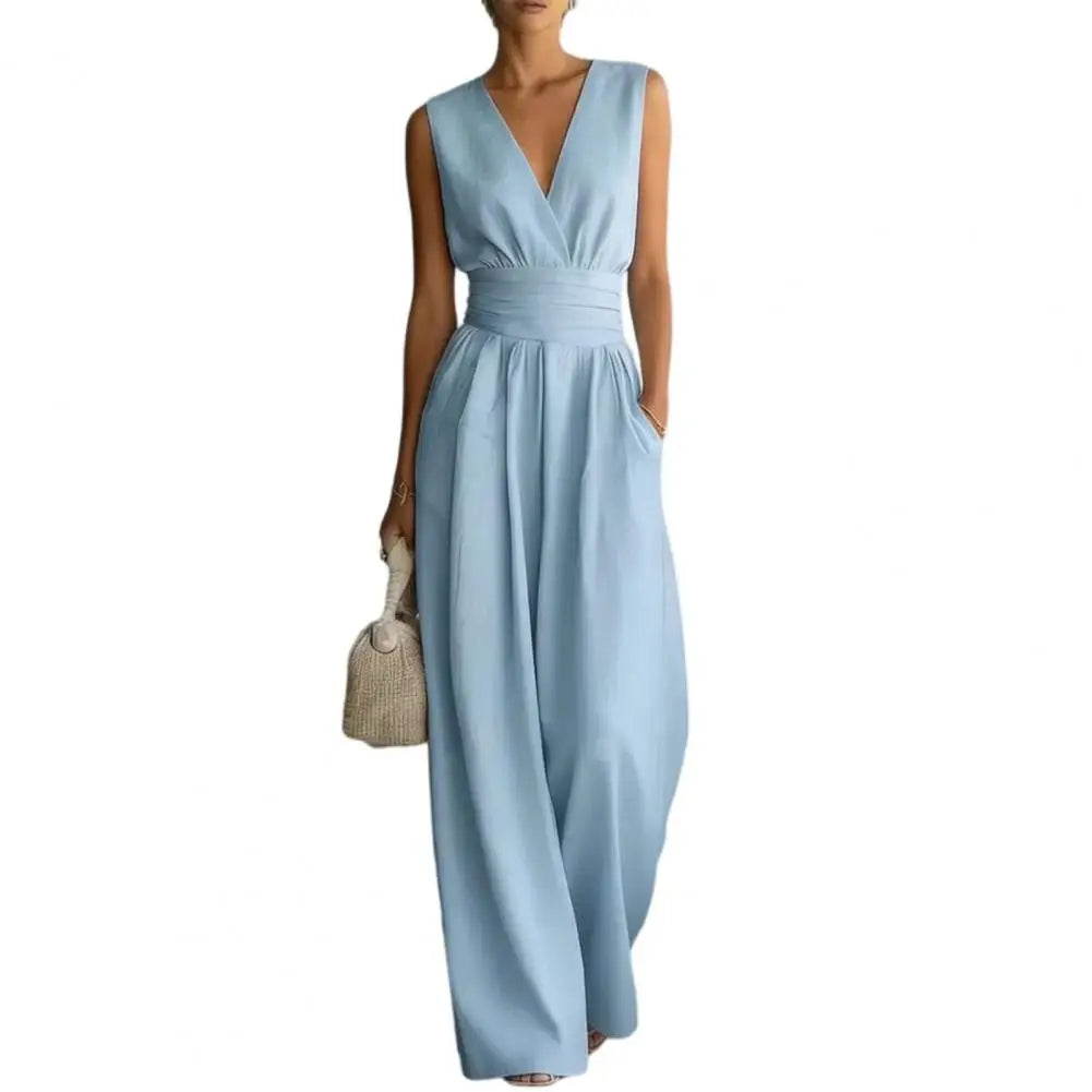 Women's Sleeveless Jumpsuits V Neck Straight Long Pants Rompers With Pockets Summer Casual One Piece Overalls 2026
