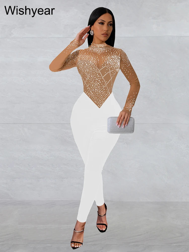 Wishyear Sexy Mesh See Through Rhinestone Black Jumpsuits Women One Piece Outfits Bodycon Long Sleeve Birthday Rompers Clubwear