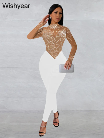 Wishyear Sexy Mesh See Through Rhinestone Black Jumpsuits Women One Piece Outfits Bodycon Long Sleeve Birthday Rompers Clubwear