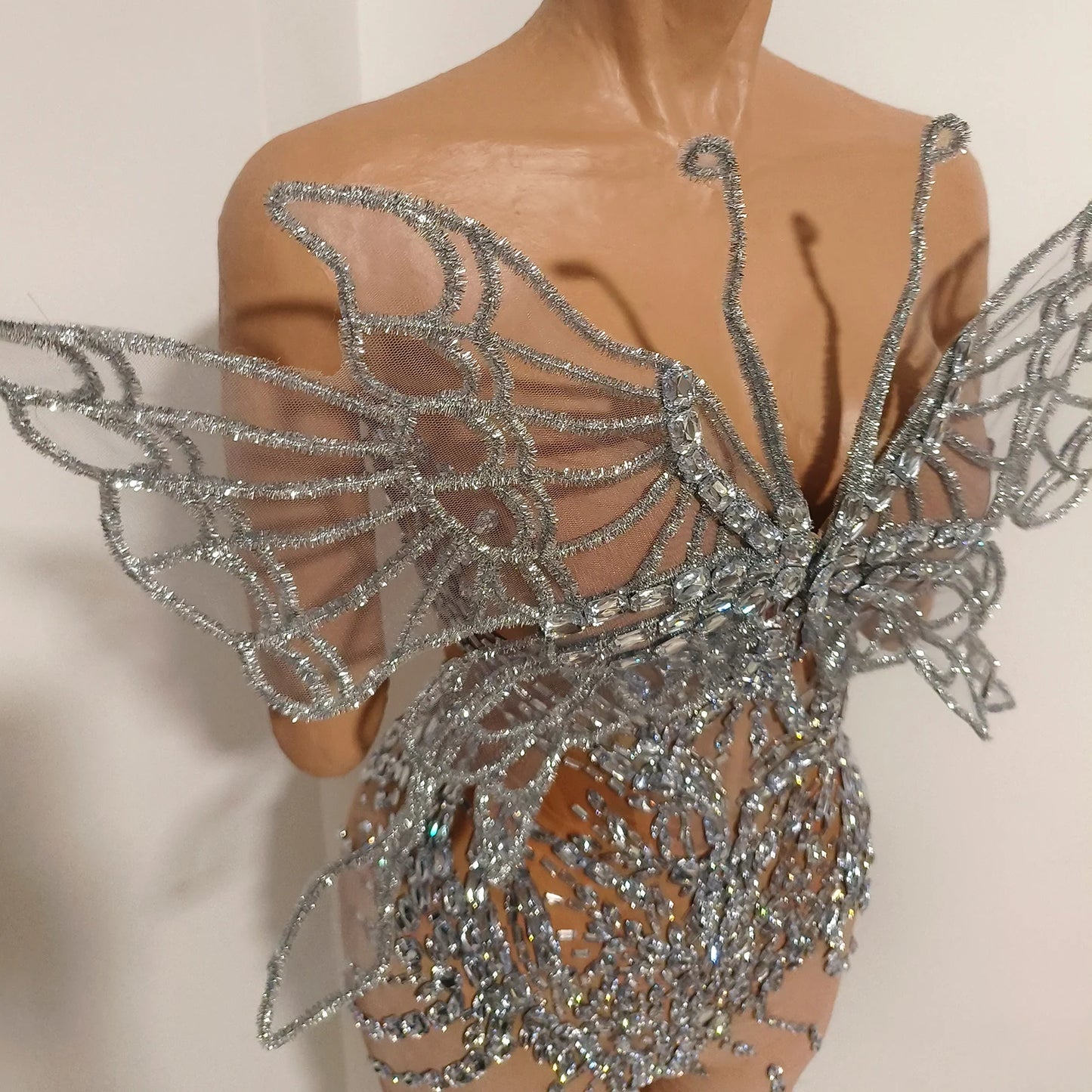 Sexy Shiny Silver Crystal Jumpsuit Transparent Mesh 3D Butterfly Rhinestone Wings Jumpsuit Birthday Party Performance Costume