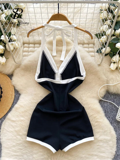 SINGREINY Ins Beach Jumpsuits Ladies Halter Sleeveless Button Design Backless Bodysuits American Retro Solid OL Slim Playsuits