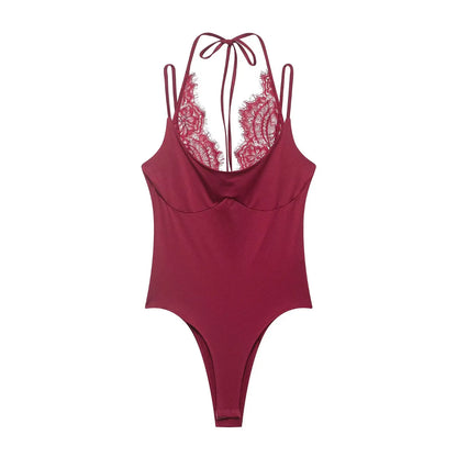 Women's Jumpsuit 2026 Spring New Solid Color Halter Neck Lace Splice Sexy Slim-Fit Romper Personalized Fashion