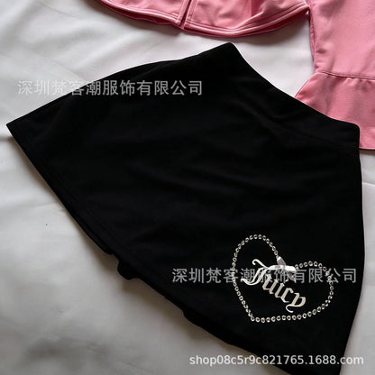 Y2K Pink High Waist Mini Skirt with Rhinestone Heart Juicy Logo Bow Soft Velour A-line Preppy Kawaii Streetwear for Women