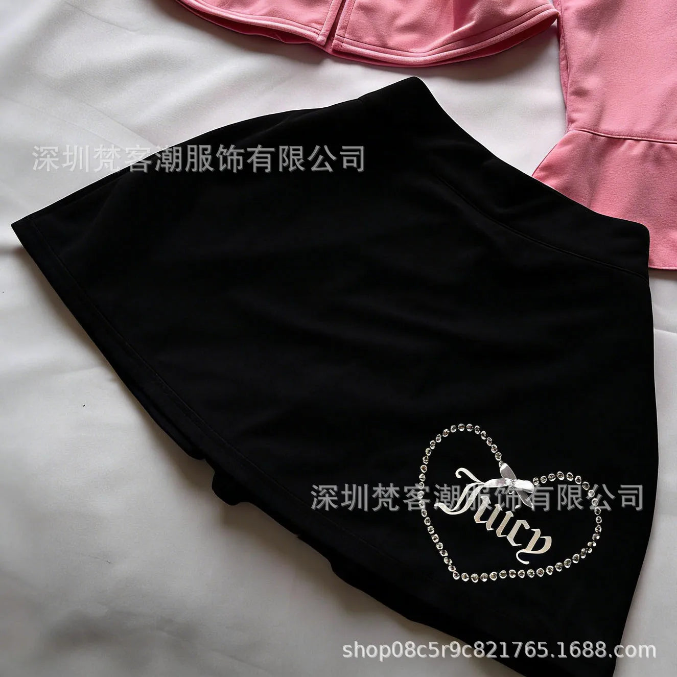 Y2K Pink High Waist Mini Skirt with Rhinestone Heart Juicy Logo Bow Soft Velour A-line Preppy Kawaii Streetwear for Women