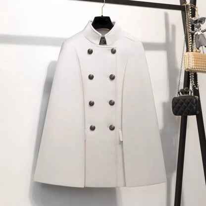 New Winter Women Double Breasted Cape Woolen Blends Elegant Ladies Coat Stand Collar Cloak Outwear Coats Vintage Overcoat
