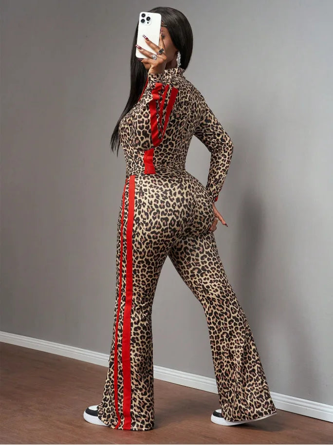 FAGADOER Women Leopard Print 3 Piece Outfit Tube Top Long Sleeve Zip Jacket High Waist Pants Sexy Y2K Clubwear Streetwear Set