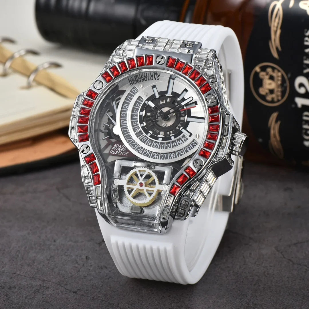 Business Full Diamond Case Luxury Top Mens Watches Rubber Strap Color Creative Decorative Quartz Watch Men AAA Clocks Relogio