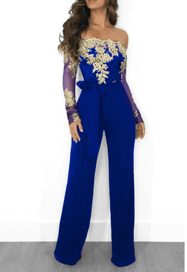 Womens Elegant Off Shoulder Long Pants Wide Leg Jumpsuits Floral Embroidery Lace See Through Cocktail Club Party Evening Rompers