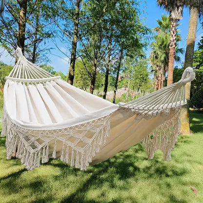 Bohemian Double Hammock for 2 Person, Red White Striped Pattern with Tassels, Heavy Duty Rope Outdoor Hammock with Carry Bag