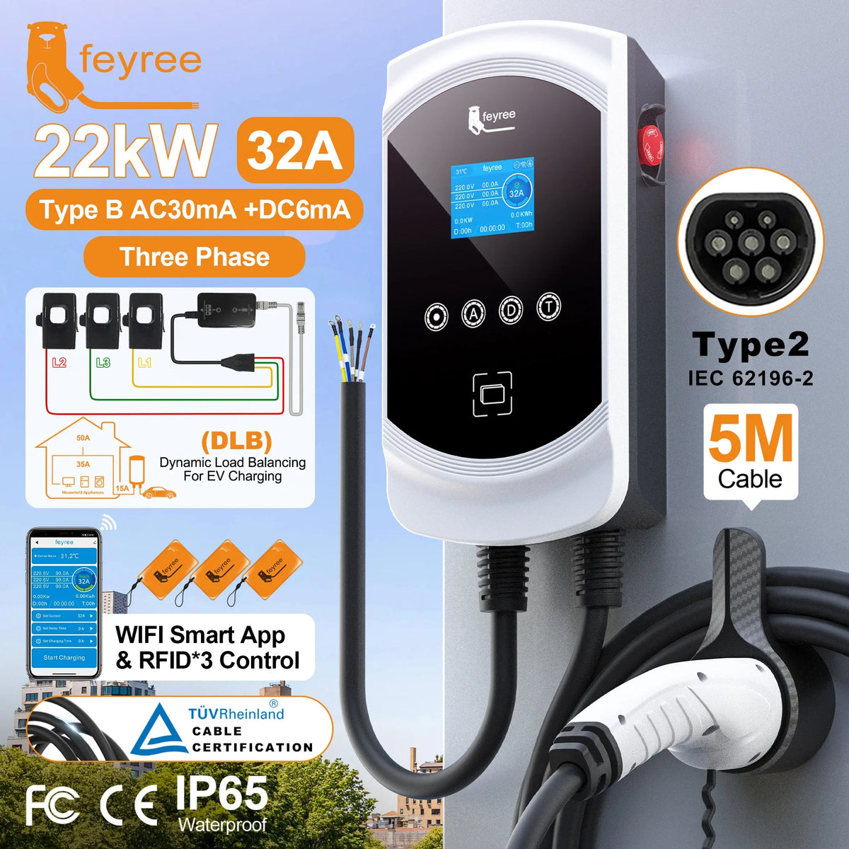 Feyree EV Charger Type2 Cable 32A 7.6kW Dynamic Load Balancing EVSE Wallbox APP Function 11kW 22kW Charging Station Electric Car