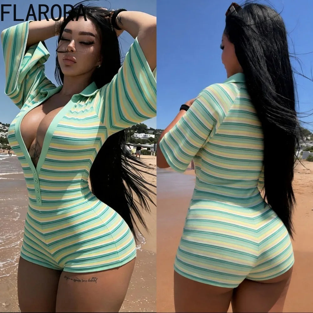 FLARORA Trend Stripe Print Rompers Woman Sexy Deep V Neck Short Sleeve Skinny Peach Hip Playsuits Hot Girl Party Club Overalls