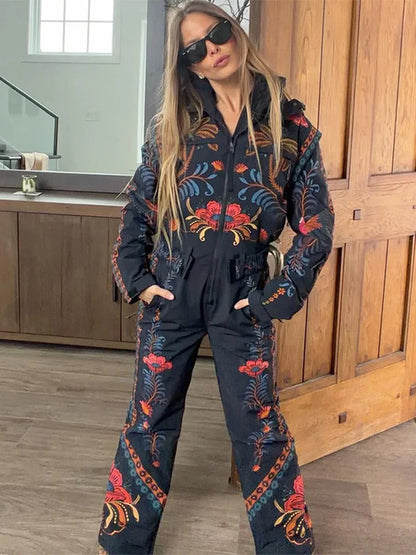 Women's Skiwear Printed With Belt Jumpsuits Winter Female Stand Collar Long Sleeve Zipper Slim Jumpsuit New Ladies Ski Sportwear