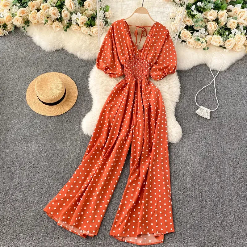 Jumpsuit Women Summer New Temperament Polka Dot V-neck High Waist Casual Wide Leg Jumpsuit Elegant Party One Piece Jumpsuits