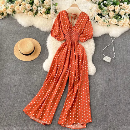 Jumpsuit Women Summer New Temperament Polka Dot V-neck High Waist Casual Wide Leg Jumpsuit Elegant Party One Piece Jumpsuits