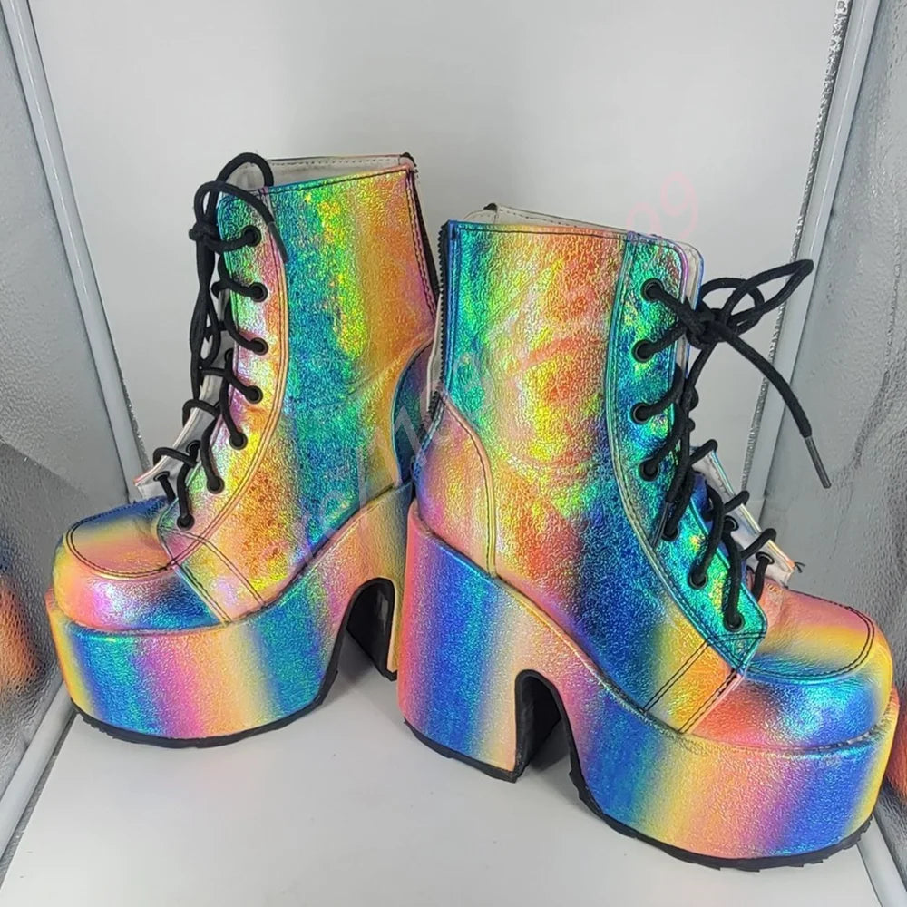 Thick Sole Round Toe Punk Party Boots 2025 New Street Rock Lace-Up Motorcycle Boots Fashion 34-48 Thick High Heel Ankle Boots