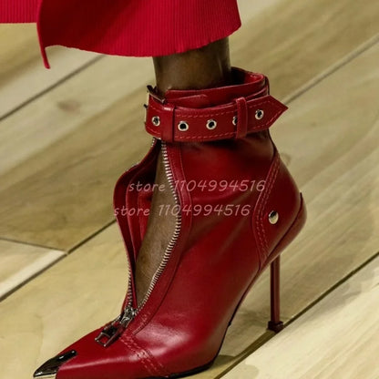 Red Metal Decor Front Zipper Pointed Short Boots Women Patchwork Belt Buckle Ankle Boots Fashion Trendy Party Lady Stiletto Shoe