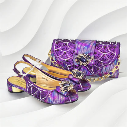Elegant Peep Toe Low Heels Rhinestone Handbag Set for Women Bag and Shoe Woman Set Luxury Wedding Party Footwear and Accessory