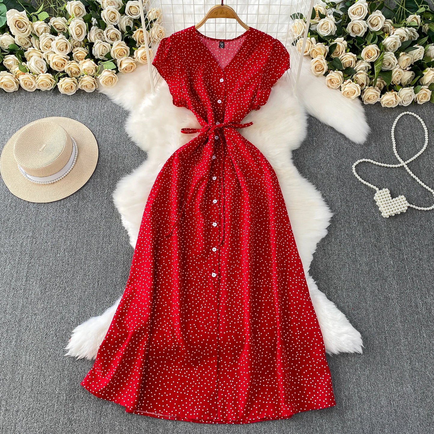 Summer Women Polka Dot Long Dress Vintage V-Neck Flying Sleeve High Waist Single Breasted A-Line Casual Vestidos Female Robe New