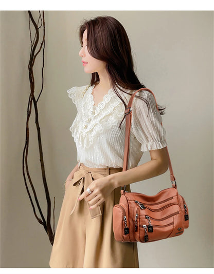 Many Pockets Women Leather Top-handle Bag Luxury Designer Female Shoulder Messenger Shopper Bags Brand Ladies Crossbody Handbags