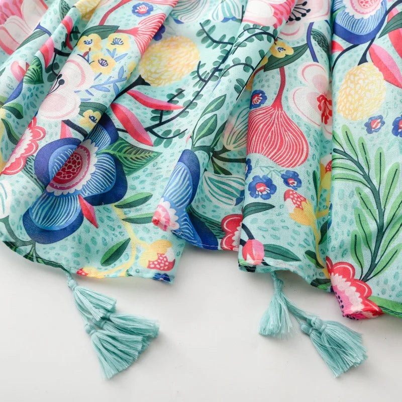 Spain Fashion Petal Floral Tassel Viscose Shawl Scarf Lady High Quality Print Soft Pashmina Stole Bufandas Muslim Hijab 180*90Cm