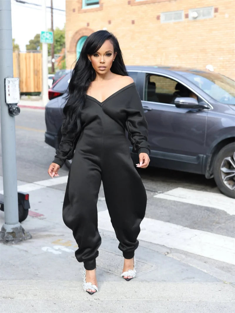Doyerl Autumn Winter Solid Jumpsuits for Woman Long Sleeve Romper Sexy Off the Shoulder V-neck One Pieces Overalls Combinaison