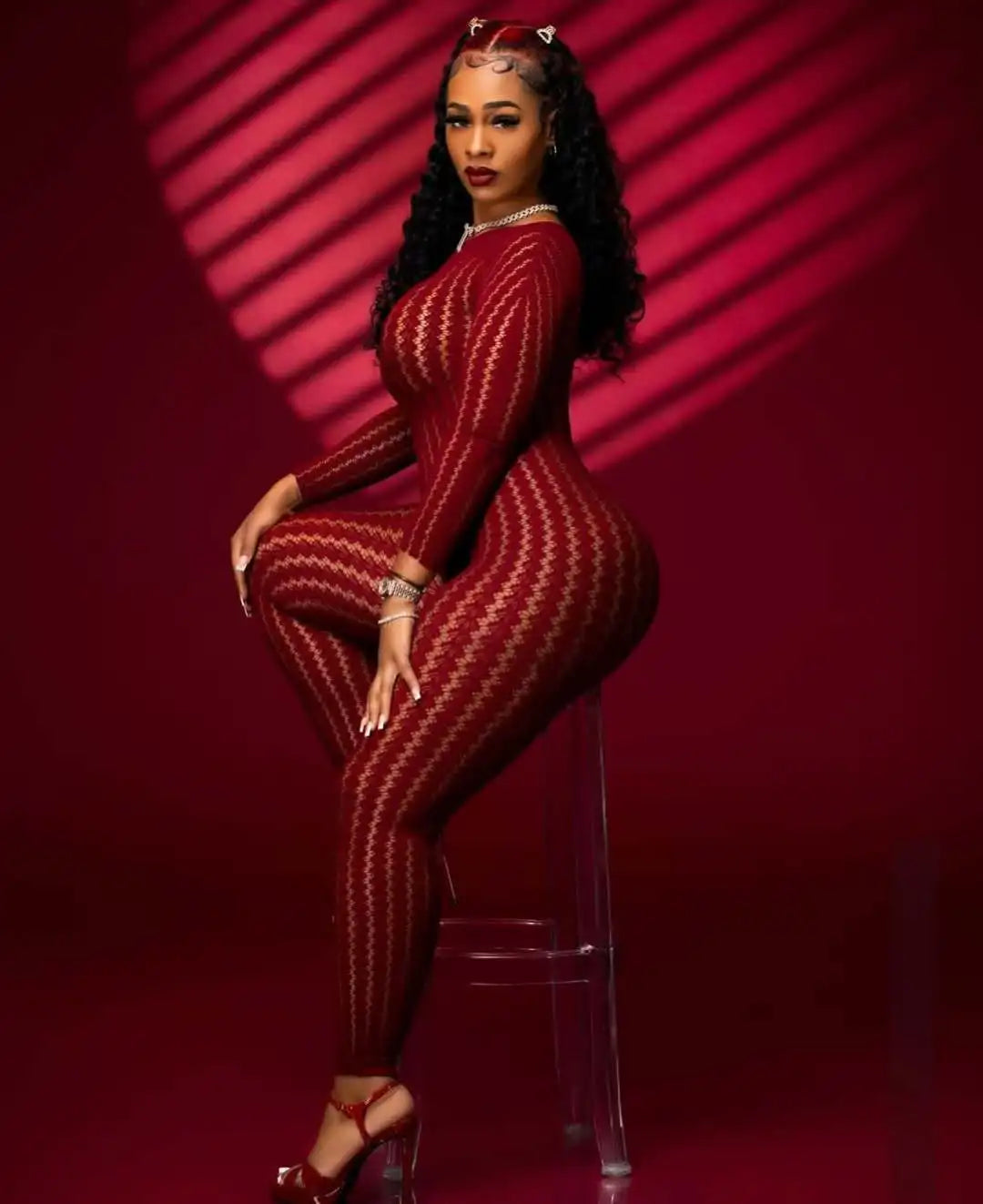 Y2K Sexy See Through Jumpsuit Woman Night Rave Club Party Striped Mesh Romper One Pieces Skinny Stretchy Bodycon Catsuit Clothes