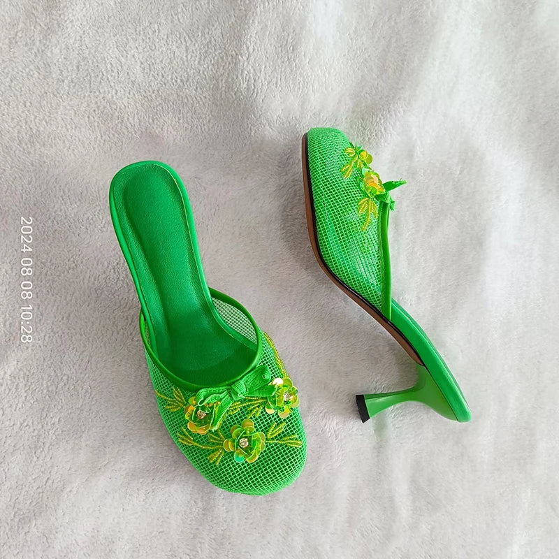 Summer mesh flower beads women slide sexy thin heel sandal