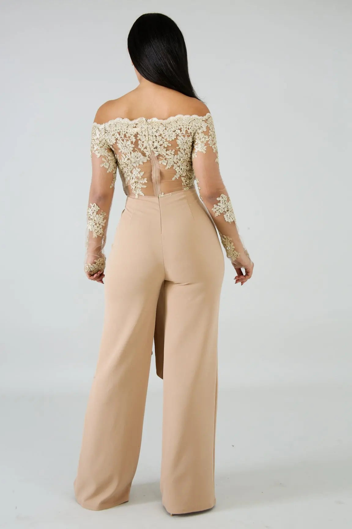 Womens Elegant Off Shoulder Long Pants Wide Leg Jumpsuits Floral Embroidery Lace See Through Cocktail Club Party Evening Rompers