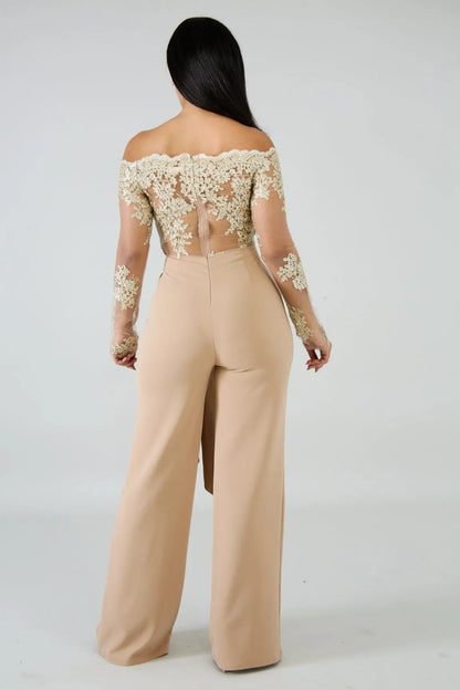 Womens Elegant Off Shoulder Long Pants Wide Leg Jumpsuits Floral Embroidery Lace See Through Cocktail Club Party Evening Rompers