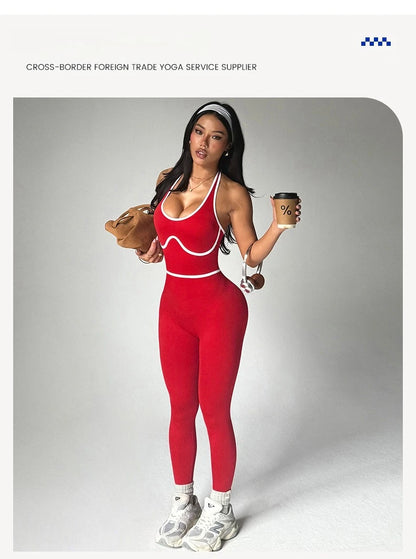 European Style Line Block Bodysuit Women One Piece Yoga Set Seamless Fitness Set Long Pants Gym Workout Fashion Sports Bodysuit