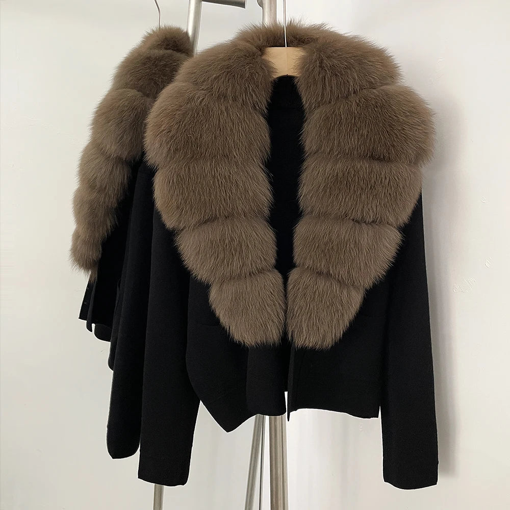 OFTBUY Loose Fit Warm Winter Fashion Lady Outerwear Sweater Female 2025 New Women's Knit Cardigan with Large Real Fox Fur Collar