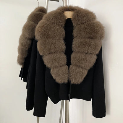 OFTBUY Loose Fit Warm Winter Fashion Lady Outerwear Sweater Female 2025 New Women's Knit Cardigan with Large Real Fox Fur Collar