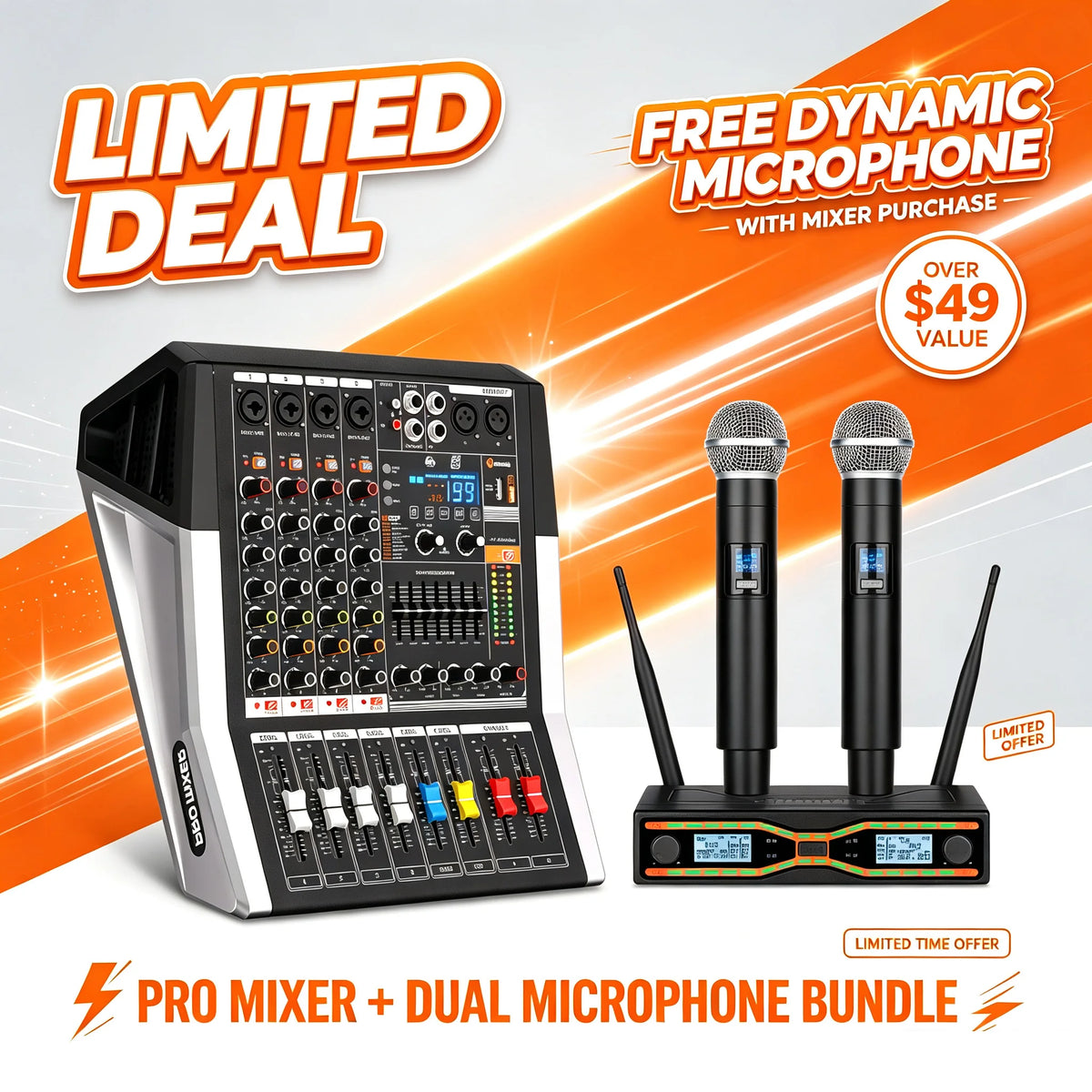 NXG 4-Channel 350W+350W Amplifier Mixer Set, Comes with 2 UHF Wireless Microphones, Perfect for Stage, Karaoke, and DJ Professional Audio Mixing Console. Black Friday/Halloween Promo Bundle