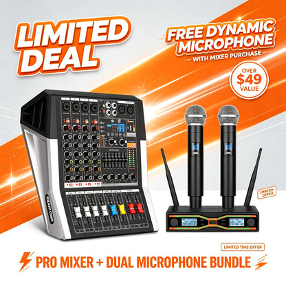 NXG 4-Channel 350W+350W Amplifier Mixer Set, Comes with 2 UHF Wireless Microphones, Perfect for Stage, Karaoke, and DJ Professional Audio Mixing Console. Black Friday/Halloween Promo Bundle