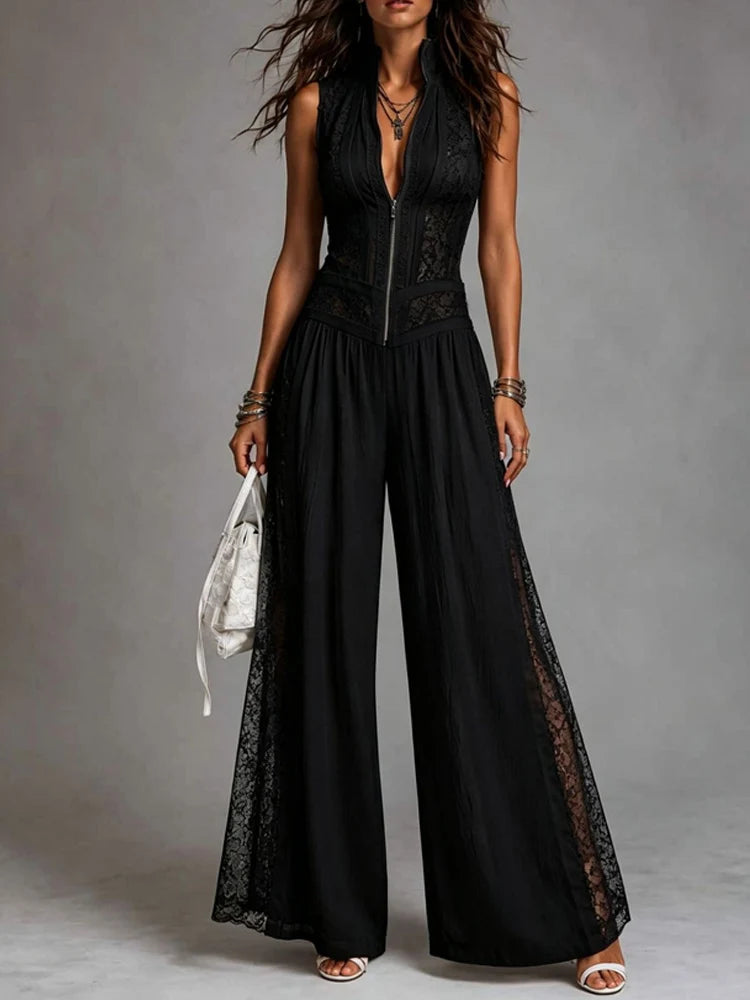 Fashion Stand Collar Zipper Solid Romper Casual Sleeveless Wide Leg Pant Playsuits Women's Elegant Lace Splicing Long Jumpsuits