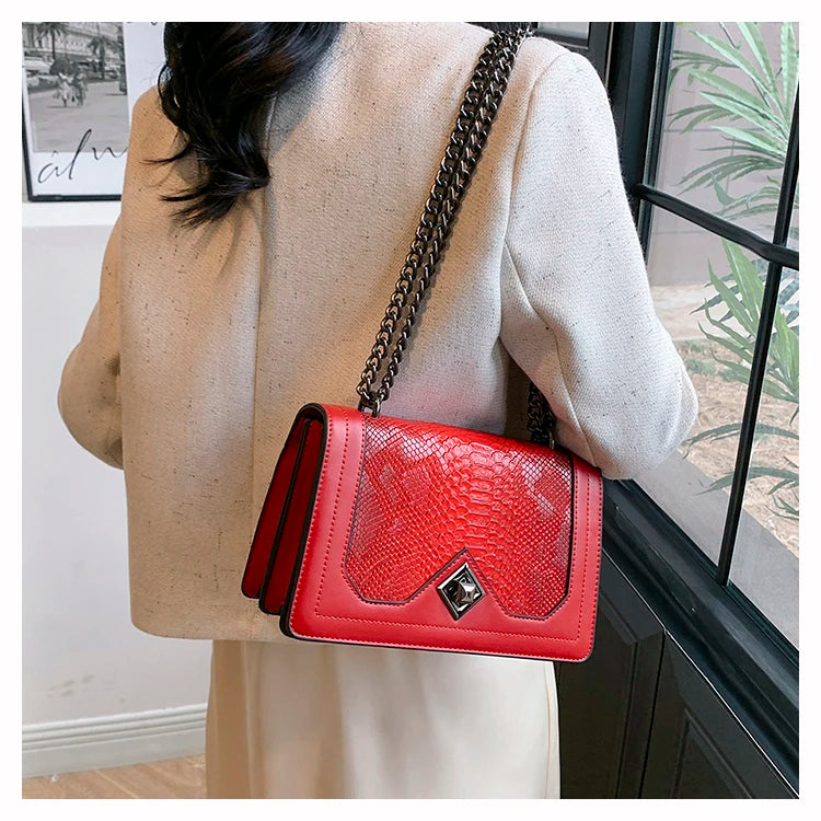 Leather Shoulder Bag Chain Purse for Women - Fashion Crossbody Bags Vintage Snake Print Underarm Bag Square Satchel Handbag