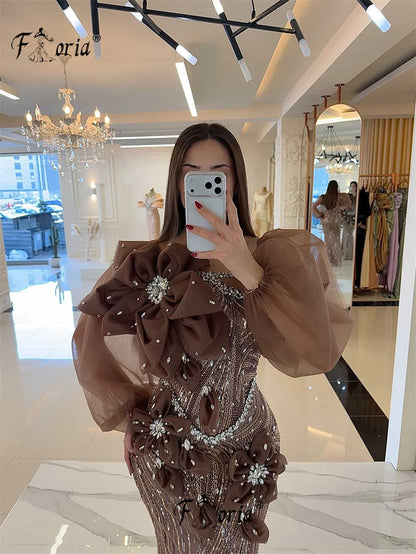 Luxury Brown Beaded Mermaid Evening Dress Stunning Crystal 3D Tulle Flowers Long Sleeve Formal Party Gown Robe de Mariee 2026