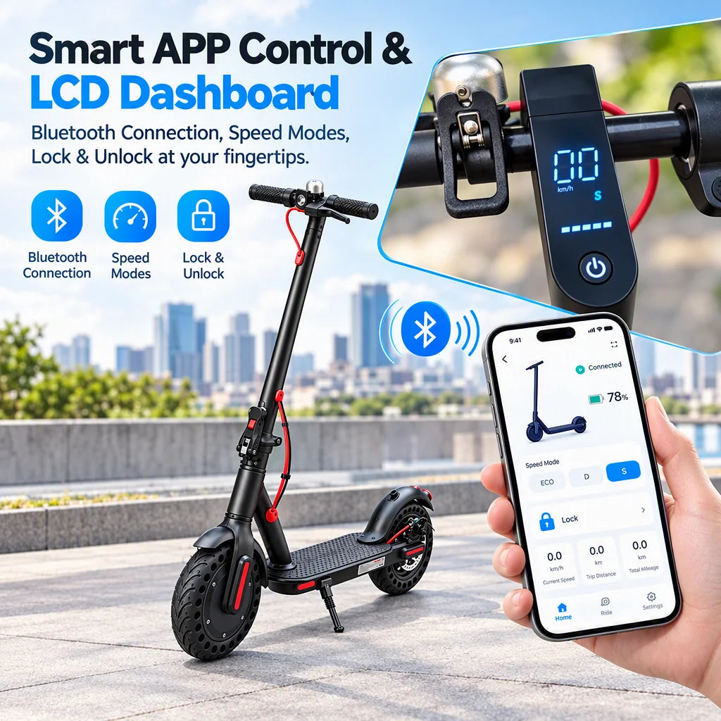 350W Electric Scooter Adults 19MPH Foldable E-Scooter 8.5" Solid Tires Smart APP LCD 18 Miles Range Dual LED Lights Commuting