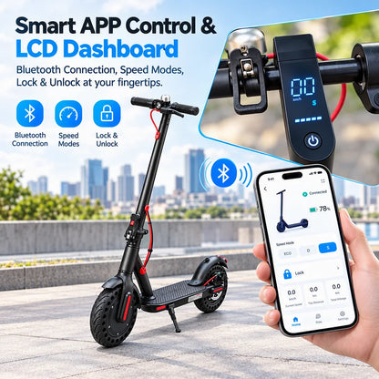 350W Motor E-Scooter 19MPH Max Speed 18 Miles Range Foldable Electric Scooter 8.5" Solid Tires APP Control Dual LED Lights Uphill