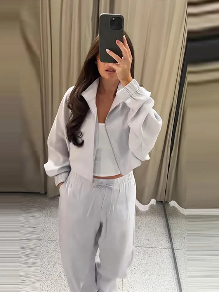 Stand Collar Thin Cropped Coats Pants Suits Women Street Lantern Long Sleeve Zipper Loose Tops Drawstring Wide Leg Trousers Sets