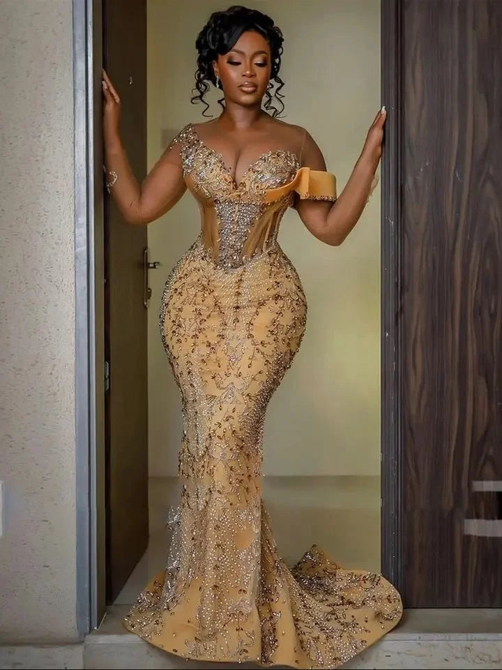 Aso Ebi Gold Prom Dresses 2025 Luxury Beads Lace Off Shoulder African Wedding Party Gala Birthday Formal Evening Gown Customized