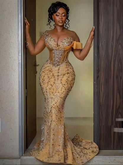Aso Ebi Gold Prom Dresses 2025 Luxury Beads Lace Off Shoulder African Wedding Party Gala Birthday Formal Evening Gown Customized