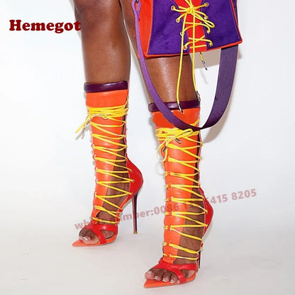 Gladiator Open Toe Stiletto Heels Straps Women's Sandals Splicing Lace-Up Sandals Hollow Out Multi-Color Summer Party Shoes Sexy