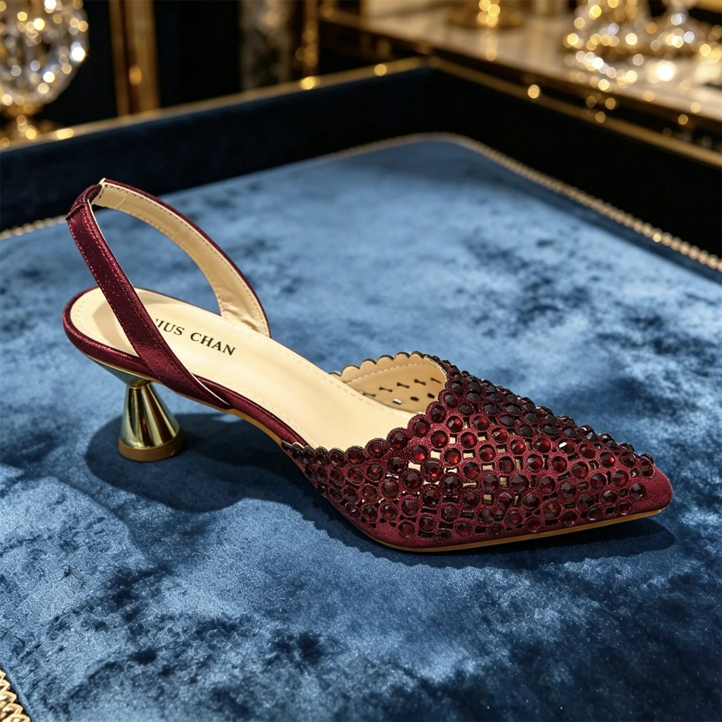 Venus Chan 2026 Elegant Women's Pointed Toe Heels - Wine Color Full Diamond Pumps with Matching Italian Shoes & Bags Set