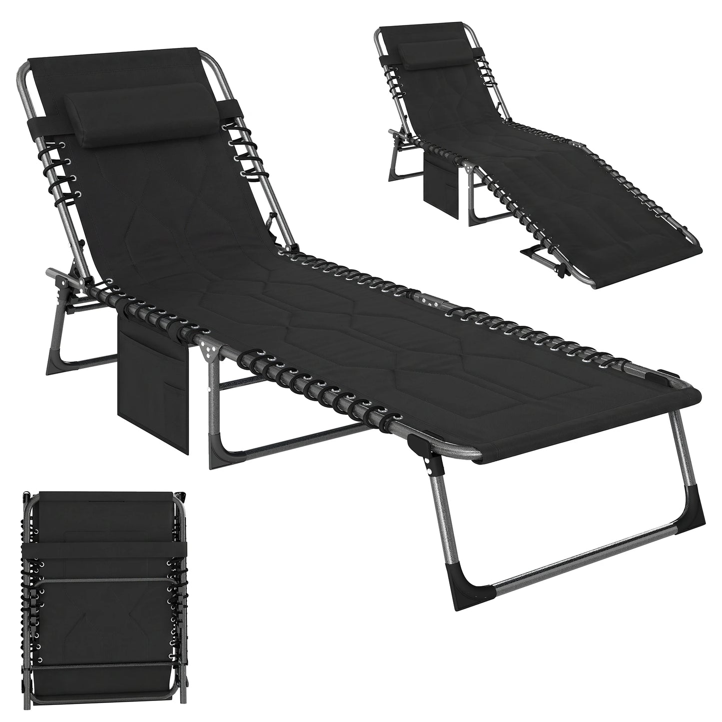 Outdoor Reclining Folding Chaise Lounge Chair, Adjustable, Padded, Pocket, Black