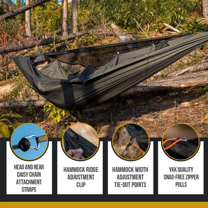 Camping Hammock with Net, Lightweight Portable, Warm Internal Cover, Tree Friendly Straps