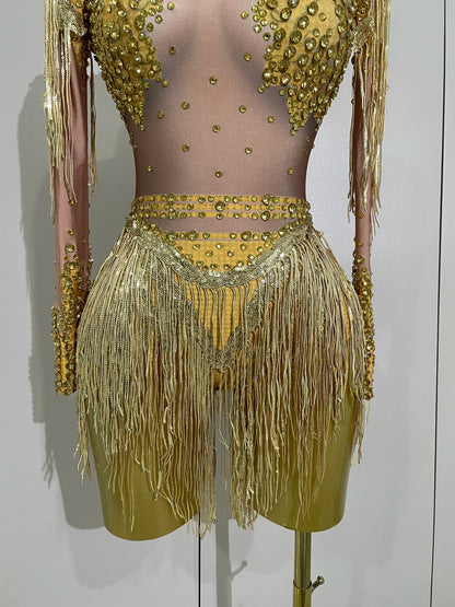 Sparkly Rhinestone Sequin Tassel Stretch Bodysuits 2025 New Arrival Women Birthday Party Nightclub Dj Stage Performance Costume