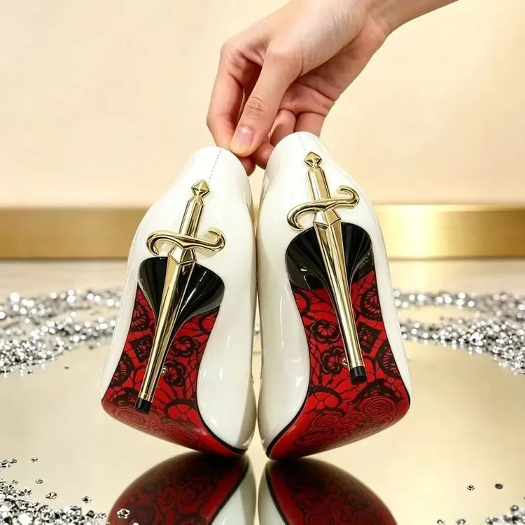 Women's Exquisite Metal Sword Pointed Toe High Heels Pumps Shallow Mouth Single Shoes Spring Sexy Stiletto Footwear